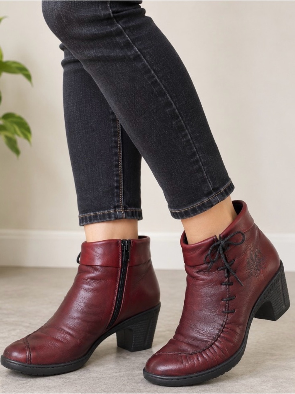 Rieker Burgundy Leather Ankle Boots Lace Up Zip Block Heel EU 36